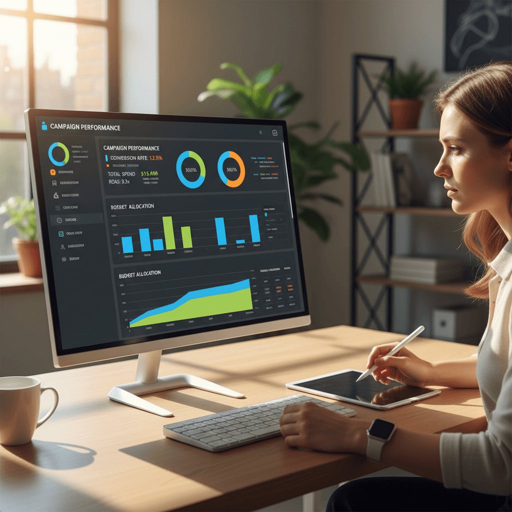 Paid advertising performance metrics displayed on monitor